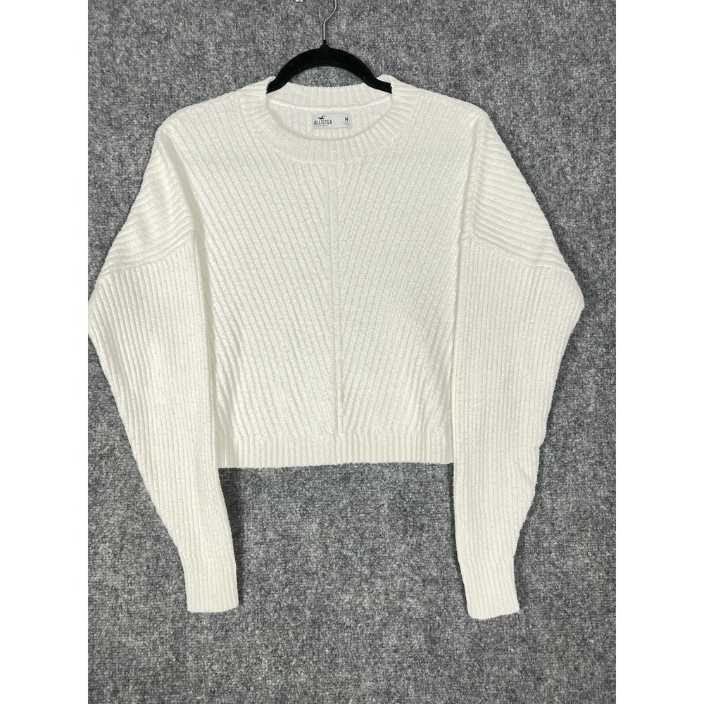 Hollister Women's Cream Ribbed Cropped Sweater M Oversized Cozy Knit Pullover